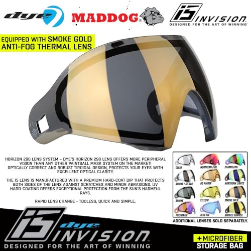Maddog Dye i5 Thermal Anti-Fog Paintball Airsoft Mask Goggle System Combo with Microfiber Bag | Safety Certified Protection - color: White / Gold