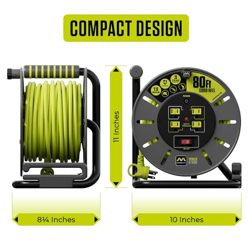 Masterplug 80ft Cord Reel, Retractable Extension Lead with Winding Handle, Safety Overload Circuit Breaker and Power Switch, 4X Grounded Outlets, 13amps, 14AWG Cable - size: 80ft