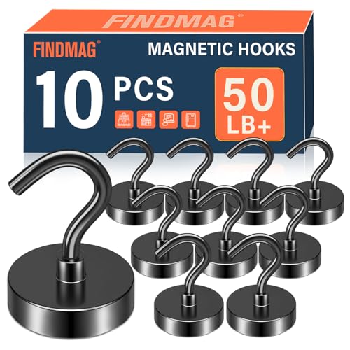 FINDMAG Black Magnetic Hooks, 50lbs Magnet Hooks for Hanging, Magnetic Key Holder for Fridge, Magnets for Classroom, Grill, Camper Accessories, Beach Vacation Essentials, Office Supplies, 10 Pack - color: Black, size: 10Pack 50LBS+
