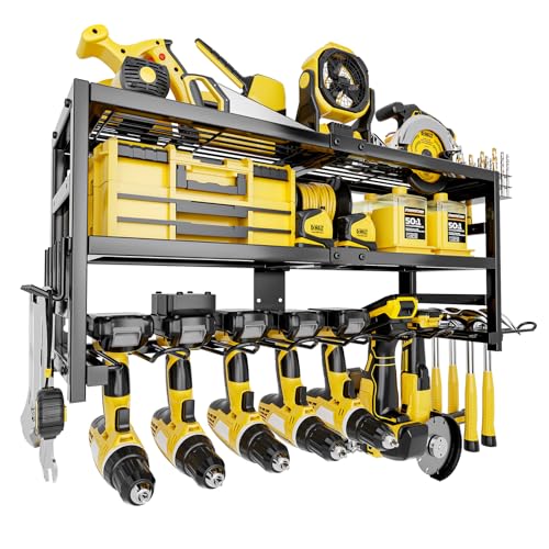 Power Tool Organizer Wall Mount Heavy Duty 320 lbs, 3 Layers Storage Rack with 9 Drill Holders & Battery Storage, cordless tool organizer for Garage, Workshop & Tool Room - size: Medium