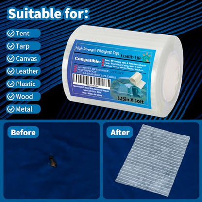 RV Awning Repair Tape, Tent, Waterproof Tarp, Car Cover, Boat Covers, Sail Tape, Outdoor Umbrella Fiber Glass Repair Tape 3.15in - style: 50ft