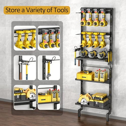 BUKFEN Garage Tool Storage Rack, Wall Mount 5-Tier Heavy Duty Metal Organizer with 8 Drill Holder Slots, Adjustable Shelves, Side Hooks Workshop Utility 1 Pack Black Vertical Space-Saving Organization
