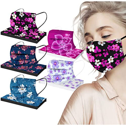 Spring Theme Disposable Face Cover with Designs for Adults Women,Flower Floral Printed Pattern,50Pcs