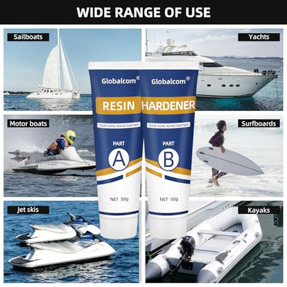 Globalcom Fiberglass Boat Repair Kit White, Gel Coat Repair Kit for Boats, Marine Fiberglass Repair Kit for Boats, Epoxy Filler for Boats, Fiberglass Repair Kit Fix Holes Chips Pit Cracks