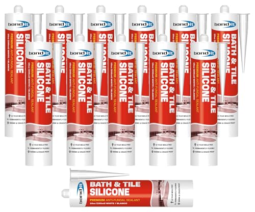 Bond It Bath & Tile Silicone, Premium Long Term Acetoxy Sealant, Waterproof Flexible Sanitary Silicone - Bathrooms, Kitchens, Showers, Tubs, Sinks, Countertops, Backsplashes, 10 oz, Pack of 12, White - color: White