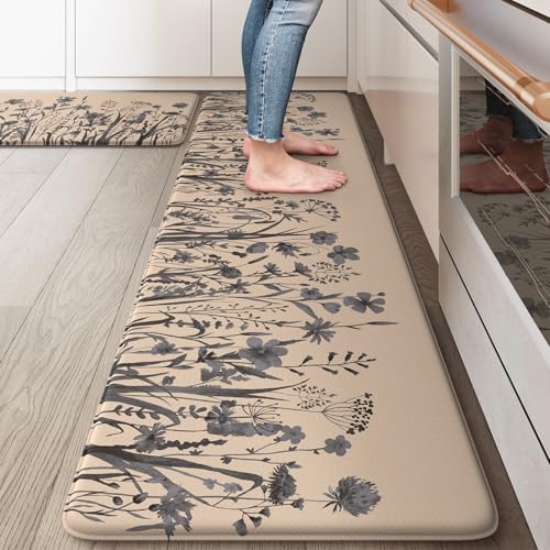 KIMODE Kitchen Anti Fatigue Mats, Farmhouse Kitchen Rugs Sets of 2, Memory Foam Kitchen Mats for Floor, Waterproof Standing Mat for Sink, Laundry, Office, Desk Brown/Gray 17"x59"+17"x29" - color: Brown/Grey, size: 17.3" x 59"+17.3" x 29"--0.47 inches