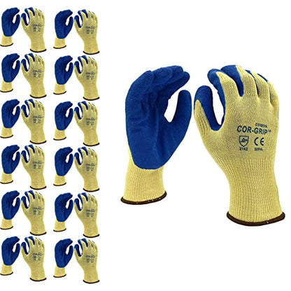 Cordova Cor-Grip Gloves, 10-Gauge, Yellow Poly/Cotton Shell, Blue Latex Palm Coating, 12-Pack - size: X-Large