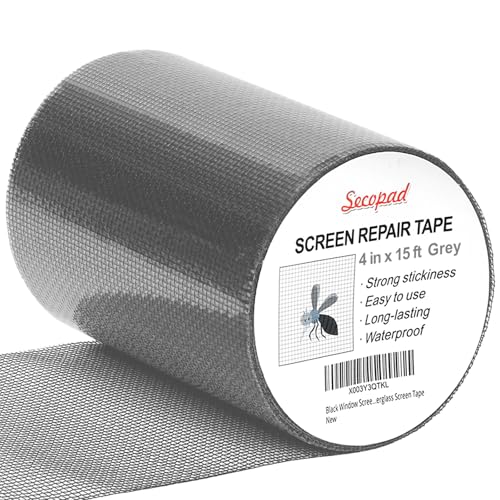 Secopad Grey Window Screen Repair Tape, 4 in X 15 FT (180IN) Screen Repair Kit for Windows or Doors, Strong Adhesive Fiberglass Mesh Patch Tape - color: Grey, size: 4IN X 15FT