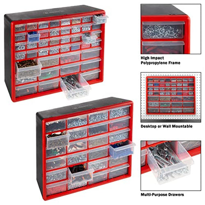 Set of Two Storage Bins with Drawers – Pair of 44 and 24 Drawer Desktop or Wall Mount Plastic Tool Organizers for Hardware or Crafts by Stalwart (Red) - style: 44 and 24 Drawers