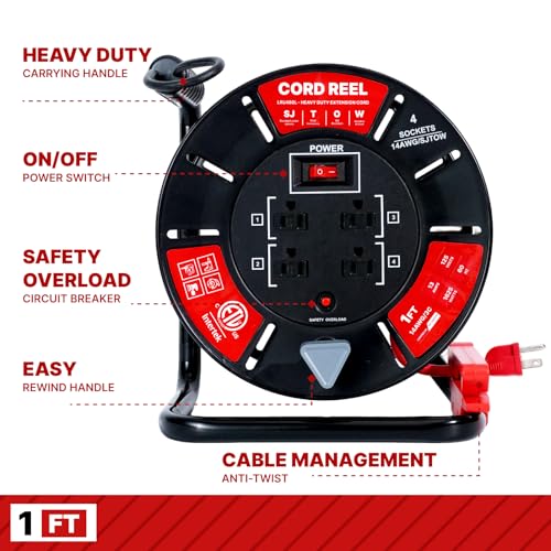 1ft Cord Reel, Retractable Extension Lead with Winding Handle, Safety Overload Circuit Breaker and Power Switch, 4x Grounded Outlets, 13amps, 14AWG Cable