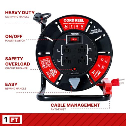 1ft Cord Reel, Retractable Extension Lead with Winding Handle, Safety Overload Circuit Breaker and Power Switch, 4x Grounded Outlets, 13amps, 14AWG Cable