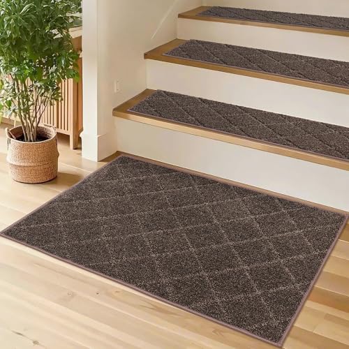 COSY HOMEER Edging Stair Treads Non-Slip Corner Indoor Stair Runners for Wooden Steps,Landing Slip Resistant Stair Rugs for Kids and Dogs, 100% Polyester TPE Backing,Brown,20"X32" - color: Brown, size: 20 X 32 Inches (1 Piece)