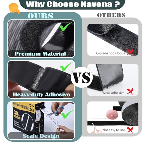 Navona 30Ft x 1 Inch Hook and Loop Strips with Adhesive, Double Rolls of Heavy Duty Self Adhesive Tape with Backing, Nylon Self Adhesive Tape for Home Office School and Crafting,Black - color: 1in x 30ft-black