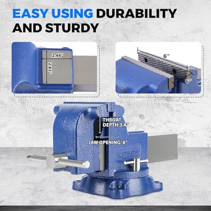 6" Heavy-Duty Bench Vise 13200LBS Stronger Clamping Force Ductile Iron Bench Vise 6 Inch 360° Swivel Bench Vice with Anvil Blue, Include Mini Bench Vice Clamp - size: 6-inch