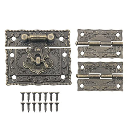 Antique Bronze Furniture Decorative Hardware Rectangle Right Hook Hasp Latch and Engraved Hinge Kit for Jewelry Wooden Box (1 x Hasp + 2 x Hinges + 14 x Screws)