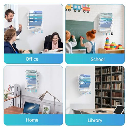 5 Tier Wall File Organizer - Hanging File Organizer with 5 Hooks, Mail Holder Wall Mounted for Papers, Folders, Magazines, Bills, Office&School Organization, White - size: 5 Tier-White
