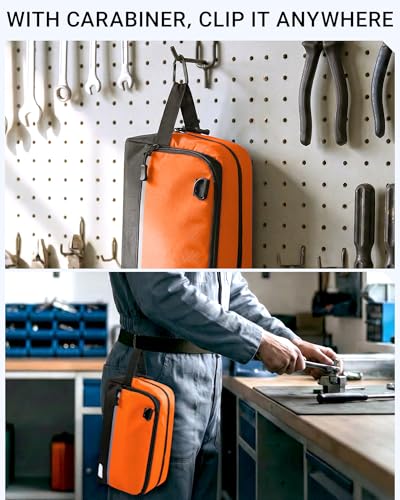 2 Pack Small Tool Bags Zipper Pouch for Organizing, with Adjustable Shoulder Strap & Carabiner, Utility Small Tool Pouch with Multi Pocket Compartments and Label Area (12" & 10") - color: Orange 2 Pack