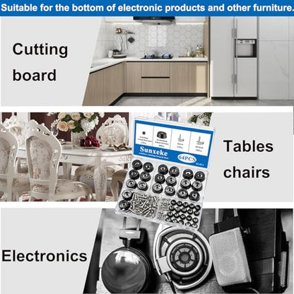 64Pcs Rubber Feet for Cutting Board with Stainless Washer Screws Assortment Kit,2 Sizes (0.433inch, 0.813inch),Non Slip Rubber Bumper Feet for Furniture, Cabinets, Electronics - size: 64pcs - 2 Size