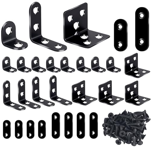 24PCS Stainless Steel L Brackets, Heavy Duty Corner Braces for Wood Furniture & Shelves, 5-Size Black Metal Angle Brackets with Screws(0.79/1.2/1.4/1.57/1.97inch)