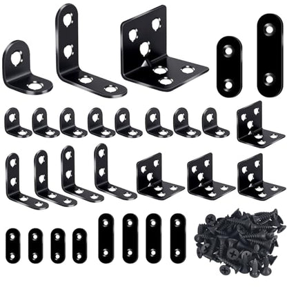 24PCS Stainless Steel L Brackets, Heavy Duty Corner Braces for Wood Furniture & Shelves, 5-Size Black Metal Angle Brackets with Screws(0.79/1.2/1.4/1.57/1.97inch)
