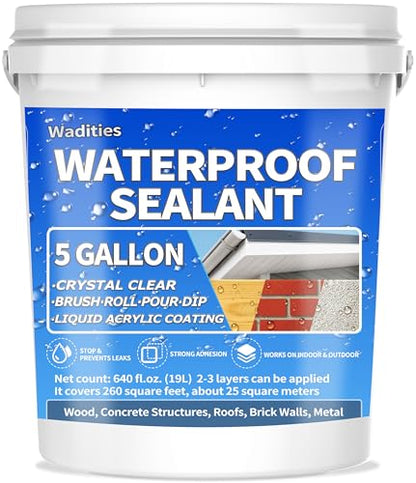 Liquid Waterproof Sealant Clear - 5 Gallon, Wadities Wall Bathroom Roof Water-Based Waterproof Coating, Invisible Repairing Leak Patch & Seal Liquid Rubber Sealant for Indoor and Outdoor - style: 5 Gallon Clear