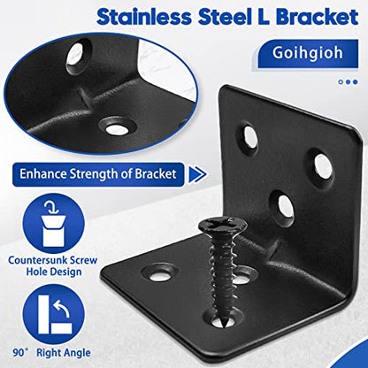 30PCS Black L Brackets for Shelves with 180PCS Screws, Goihgioh Stainless Steel Corner Braces for Wood Metal Small L Brackets, Heavy Duty Angle Brackets for Bed Table Leg Frame Cabinet - style: 30pcs