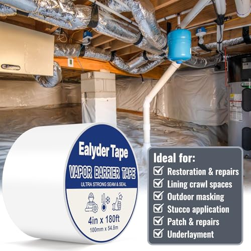 2 Rolls - 4 Inch x 180 FT Vapor Barrier Tape, White Polyethylene Tape, Heavy Duty Vapor Barrier Waterproofing for Repair, Crawl Spaces, Moisture Barriers, Insulation & Underlayment Seams - size: 4 Inch x 180 FT - 2 Rolls