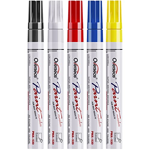 Overseas Paint Marker Pens - 5 Colors Permanent Oil Based Paint Markers, Medium Tip, Quick Dry, Waterproof Assorted Color Marker for Metal, Wood, Fabric, Plastic, Rock Painting, Stone, Canvas, Glass - size: 5 Count (Pack of 1)