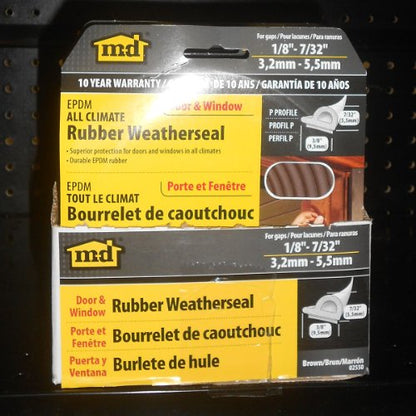 All Weather EPDM Rubber weatherstripping, P Seal Door Seal - MD Building Products 02550 (Pack of 2) - color: Brown, size: 7/32 in. x 3/8 in. (Pack of 2)