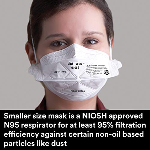 3M N95 Disposable Respirator, VFlex Particulate Respirator 9105S, Small Size, Box of 50, NIOSH Approved, Sweeping, Sanding, Grinding, Sawing, Bagging, Dust