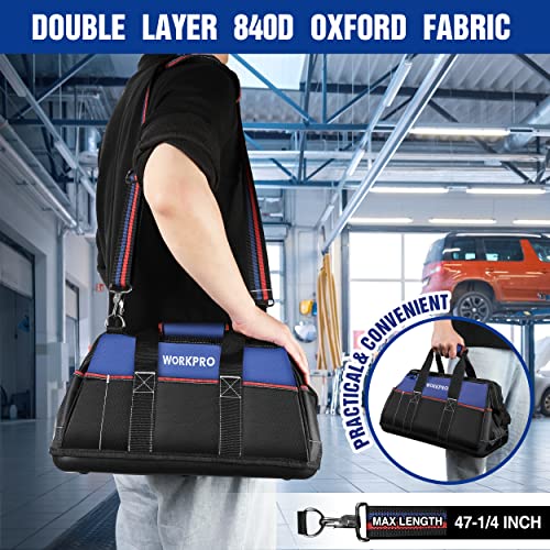 WORKPRO 16-inch Wide Mouth Tool Bag, Heavy Duty Cloth Tool Storage Bag with Water Proof Molded Base, Adjustable Shoulder Strap - color: Blue &Red