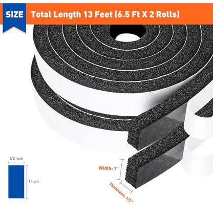 MAGZO Weather Stripping Door Seal 1 Inch W X 1/2 Inch T, Strong Adhesion and High Resilience Air Conditioner Foam Insulation for Cars, Total Length 13 Feet (6.5 ft x 2 Rolls) - size: 1in x 1/2in x 13FT