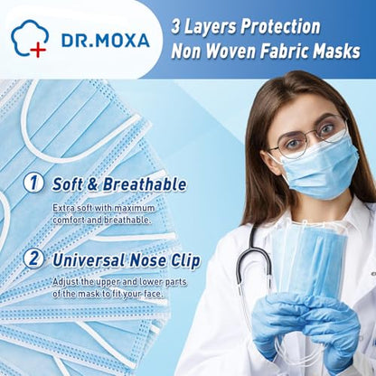 DR.MOXA 500 Pack Disposable Medical Face Masks (5 Boxes, 100pcs/Box) -3 Ply Face Mask for Adults Blue - style: 500 Pcs