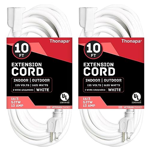 Thonapa 2 Pack White Extension Cord 10 ft, 16/3 SJTW Weatherproof Indoor & Outdoor Extension Cord 3 Prong Grounded Plug, Heavy Duty Power Cable Great for Home, Office, Outdoor Lights, US Veteran Owned - color: White, size: 10 Foot - 2 Pack