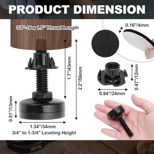 Luomorgo 4 Pcs Adjustable Leveling Feet with T-Nut, Anti Skid 3/8"-16 x 1.5 Threaded Furniture Levelers, Heavy Duty Appliance Feet for Cabinet, Table, Sofa, Mechanical Equipment