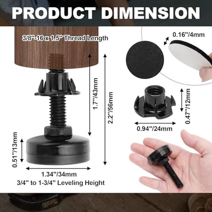 Luomorgo 4 Pcs Adjustable Leveling Feet with T-Nut, Anti Skid 3/8"-16 x 1.5 Threaded Furniture Levelers, Heavy Duty Appliance Feet for Cabinet, Table, Sofa, Mechanical Equipment