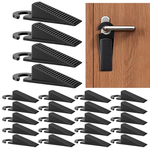 24-Pack Rubber Door Stoppers, Wedge Door Stoppers Stackable with Hook for Wood, Tile, Carpet, and Concrete Floors, for Home, Office, School, and Hotel Use, Black