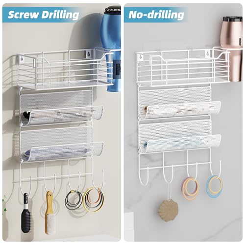 VITVITI Metal Hair Tool Organizer Wall Mount, Hair Dryer Holder with 3 Tier Shelf Basket Hooks, Bathroom Hair Styling Tool Organizer for Curling Iron/Blow Dryer/Straightener, White - color: 4 Tiers White