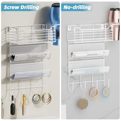 VITVITI Metal Hair Tool Organizer Wall Mount, Hair Dryer Holder with 3 Tier Shelf Basket Hooks, Bathroom Hair Styling Tool Organizer for Curling Iron/Blow Dryer/Straightener, White - color: 4 Tiers White