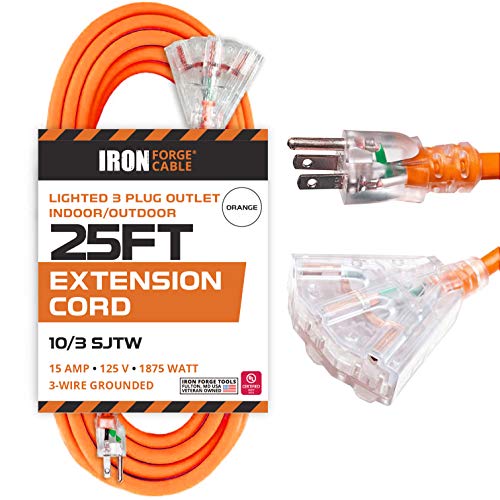 Iron Forge Cable 10 Gauge 25ft Lighted Outdoor Heavy Duty Extension Cord with 3 Outlets - 15 Amp 10/3 SJTW Orange Extension Cord with Multiple Outlets - color: Orange, size: 25 Foot