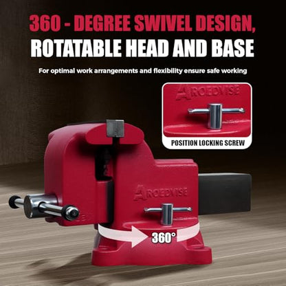 5" Heavy-Duty Bench Vise, 5" Jaw Width & Opening, 7,718 lbs Clamping Force, 60,000 PSI Ductile Iron Vise with 360° Swivel Base, Anvil & Pipe Jaws for Metalworking, Woodworking & DIY (RS50) - size: 5In