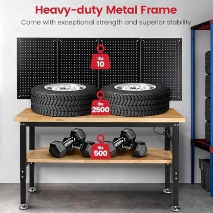 ENJOYWOOD 60" x 22" Heavy Duty Workbench Adjustable Height Garage Work Table with Solid Rubberwood Top, Pegboard & Power Outlets for Workshop, Home & Office - size: XXX-Large