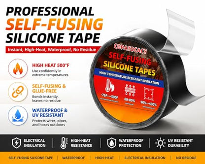Self Fusing Silicone Tape Waterproof, Rescue Tape, 1" x 33 Feet, Self Amalgamating Tape, Silicone Rubber for Sealing Pipes, Hose Repair, Outdoor Coax and Electrical Cables - color: Black
