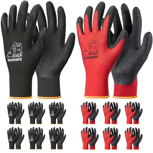 toolant Crinkle Latex Work Gloves Bulk, Rubber Coated Safety Work Gloves for Men and Women, 12 Pairs for Construction, Gardening, Warehouse (Black & Red, Large) - color: Black & Red, size: Large