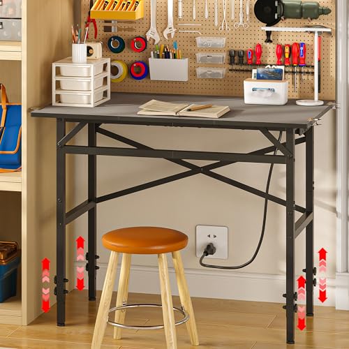 Small Workbench, 1000 Lbs Metal Work Benches for Garage, 38.58" Adjustable Work Table with Power Strip Sewing Table Workshop Home DIY
