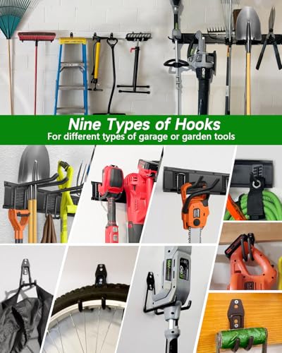 PIYILO Garden Tool Organizer 48 in with 18 Garage Hooks, Heavy Duty Garage Wall Hooks for Hanging Ladder, Bike, Tool Storage Rack for Yard Tools, Shovel, Shed (23 Pack) - size: 48 inch 18-Hook
