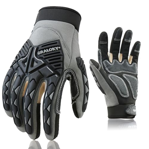 Safety Work Gloves Men Women, TPR Impact Gloves for Men Women, Anti-Vibration Gloves, Touch Screen Heavy Duty Work Glove for Gardening Construction Mechanic, Leather Tactical Glove, Large - color: Black & Grey, size: Large (Pack of 1)