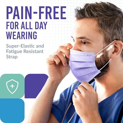 Medtecs Face Mask Disposable – Available in 50 & 2,000 pcs – ASTM Level 1, 3-Ply Breathable, Soft Fit – Adult Size – Ideal for Commuting & Daily Wear - color: 05. Purple, size: Adult - 50PC