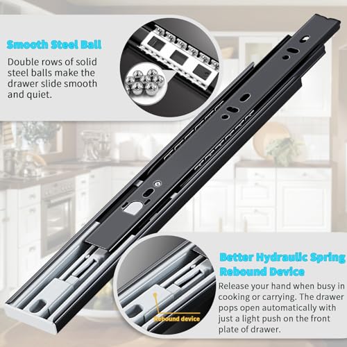 YENUO Push to Open Drawer Slides Full Extension Rail 12 14 16 18 20 22 24 inch handleless Side Mount Dresser Cabinet Bracket Replacement Ball Bearing Tracks kit Guide Runner 100 lb 1 Pair - color: Black-Push Open, size: 20 Inch