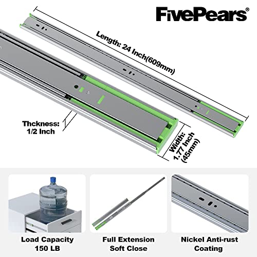 FivePears 1 Pairs 24 Inch Heavy Duty Soft Close Drawer Slides, 150 Lb Load Capacity Full Extension Ball Bearing Side Mount Drawer Runner, Rv Tool Box Kitchen Cabinet Drawer Self Closing Glide Rails - size: 24 Inch